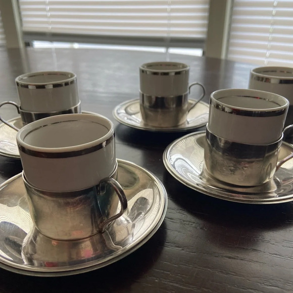 Brazil espresso demitasse set of 6 cups & 4 silver plated saucers MCM Style - Picture 3 of 12